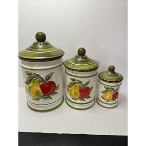 Vintage Sears 3pc Ceramic Fruit Canister Set with Pears And Apples With Lids